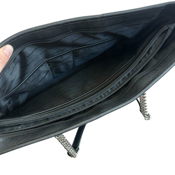 Michael Kors Jet Set Saffiano Black Leather Tote Bag Purse Laptop Travel Chain - Picture 9 of 11